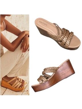 Kaanas Providencia Raffia Straw Strappy Wood Wedge Platform Sandals - 9